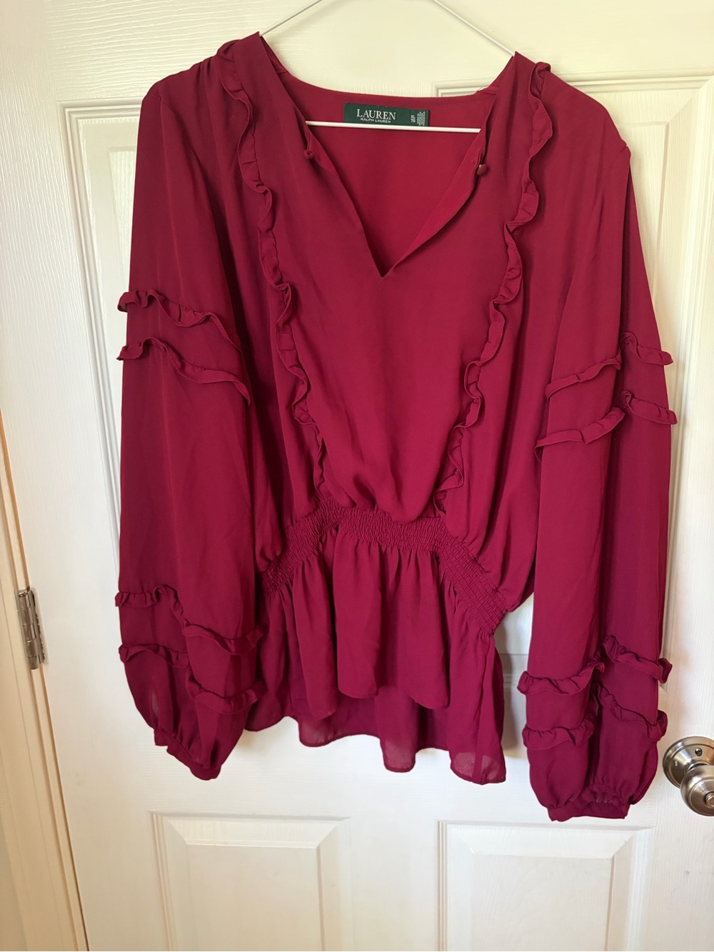 Lauren Ralph Lauren Wine Ruffle V-Neck Peasant Top